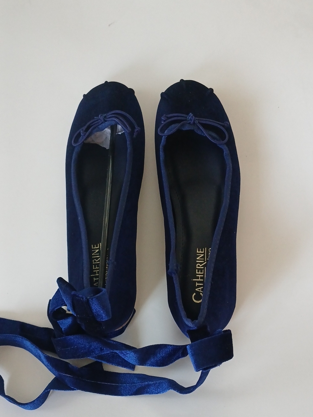 Catherine Maladrino Navy Velvet Ribbon Tie Ballet Flats